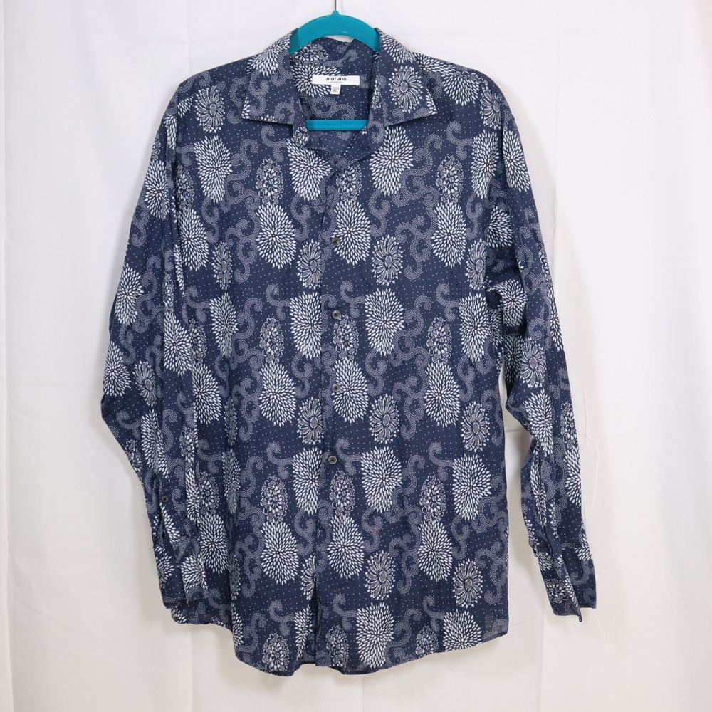 Murano Button Down Shirt Mens XL Blue Floral Long Sleeve Cotton Collezione Top